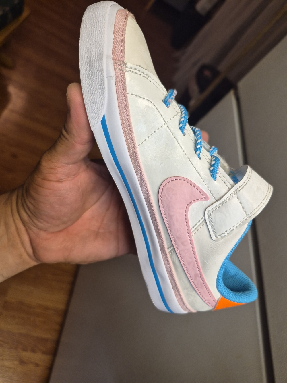 Kids White and Pink Leather Sneaker with Blue Accents